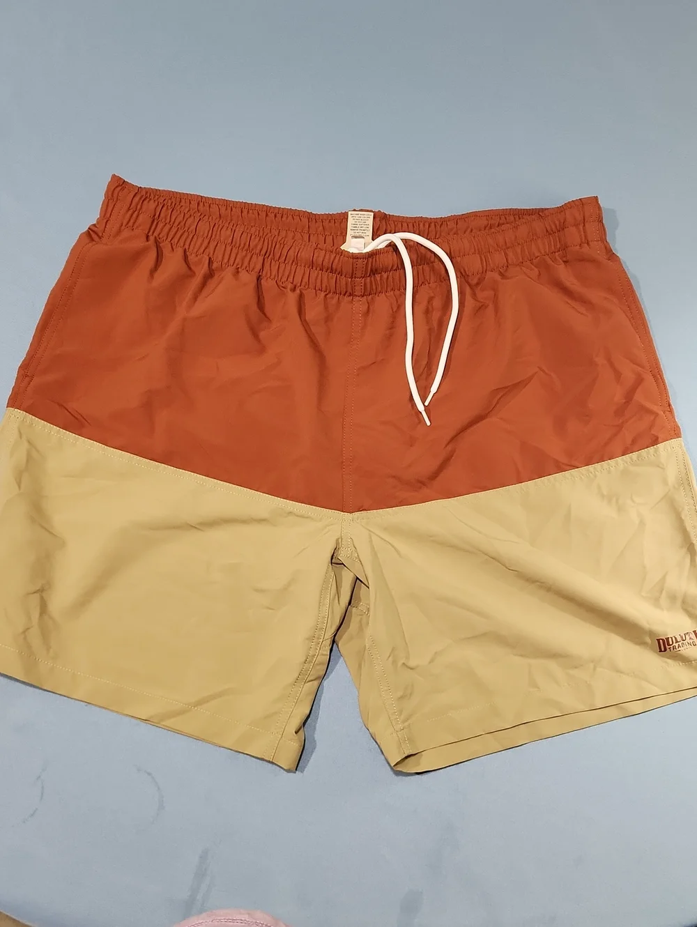 Duluth Trading Co Rust and Khaki Colorblock Men's Swim Trunks. XXL.
